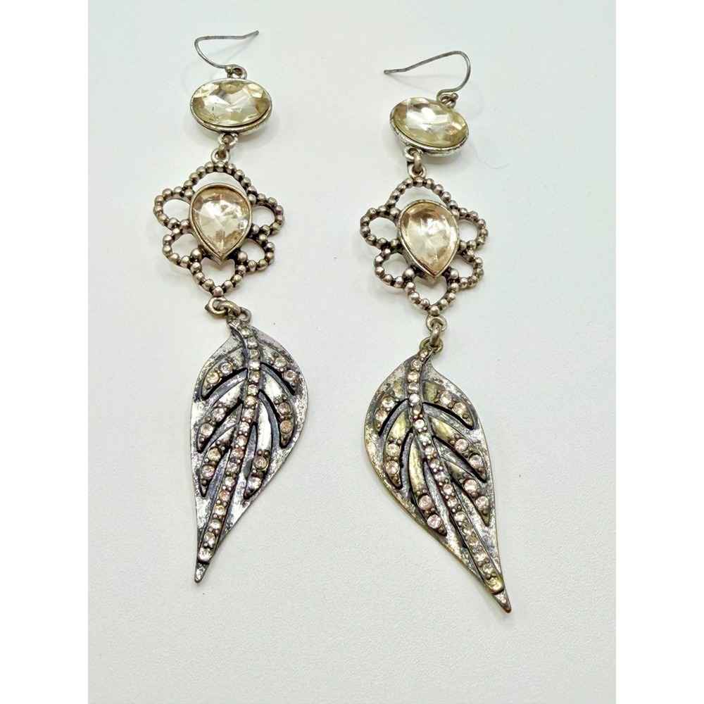 Vintage Silver Tone Champagne‎ Crystal Leaf Drop Statement Earrings Bohemian